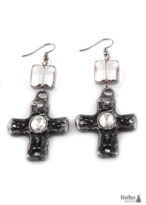 Boho Earrings, RH Dangle Earrings, Silver Metal Cross